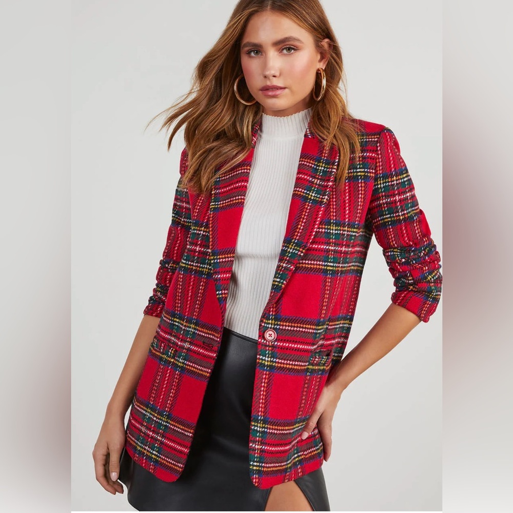 English Factory Red Plaid Blazer